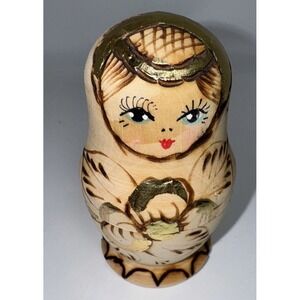 Vtg Russian Matryoshka‎ Nesting Dolls Set of 5 Piece Gold Handpainted Burnt Wood